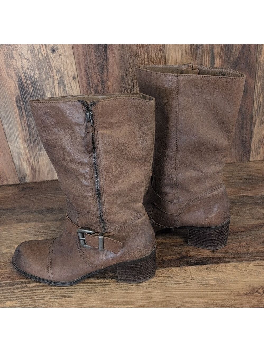 Franco Sarto Jelly Mid Calf Brown Leather Weathered Heeled Boots 11M C175